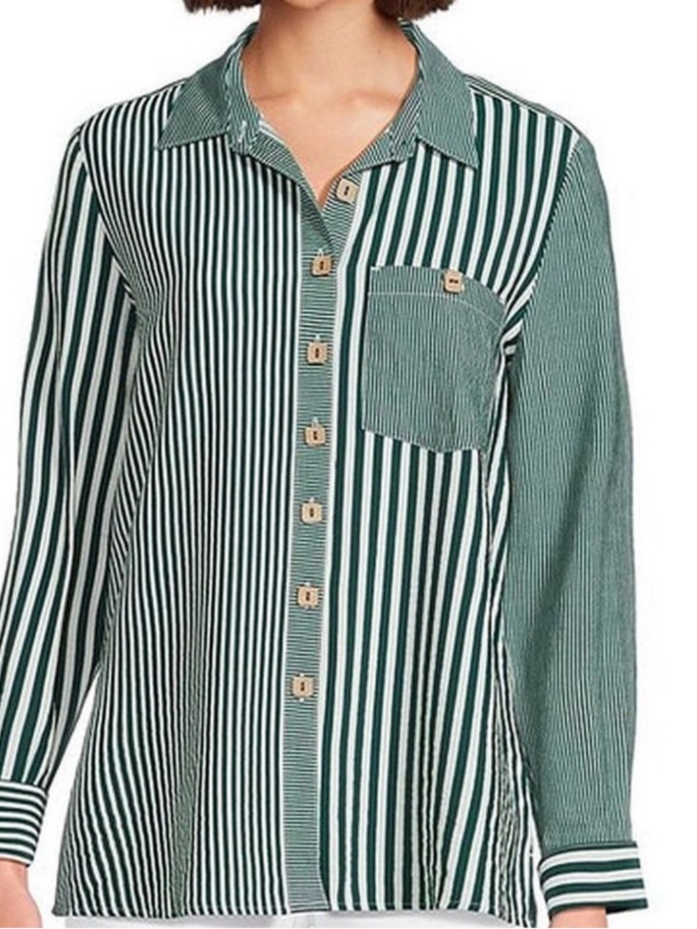 Multiples Green and White Striped Button-Down Shirt